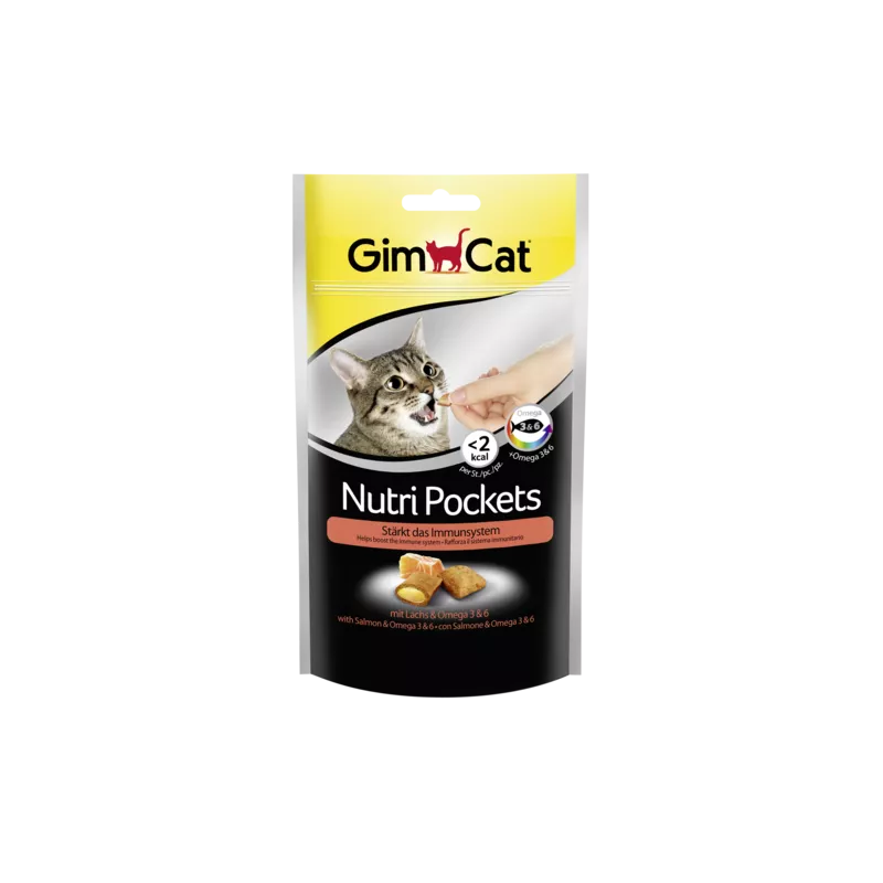 GimCat Nutri Pockets with Salmon & Omega 3&6 skanėstai katėms su Lašiša, Omega 3 ir 6 riebalų rūgštimis 60g
