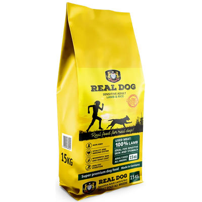 Real Dog Sensitive 15kg pašaras suaugusiems šunims su ėriena ir ryžiais