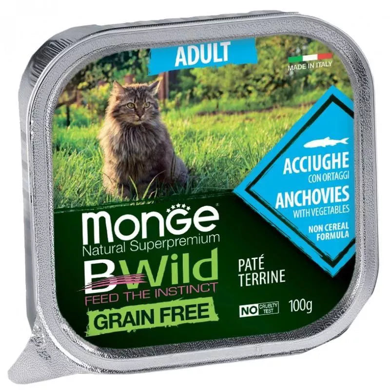 Monge BWild adult paštetas katėms su ančiuviais ir daržovėmis 100g