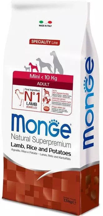 Monge spec. line monoprotein mini adult sausas pašaras mažų veislių suaugusiems šunims su ėriena, ryžiais, bulvėmis 7,5kg