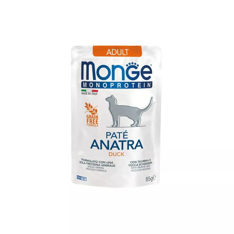 Monge Monoprotein Adult begrūdis konservuotas pašaras katėms su antiena 85g