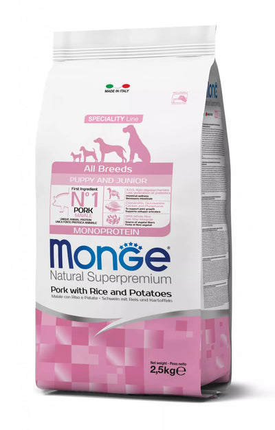 Monge spec. line monoprotein puppy sausas pašaras visų veislių jauniems šuniukams su kiauliena, ryžiais ir bulvėmis 2,5kg