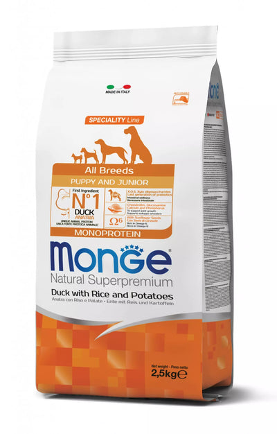 Monge spec. line monoprotein puppy sausas pašaras visų veislių jauniems šuniukams su antiena, ryžiais ir bulvėmis 2,5kg