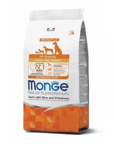 Monge spec. line monoprotein puppy sausas pašaras visų veislių jauniems šuniukams su antiena, ryžiais ir bulvėmis 12kg