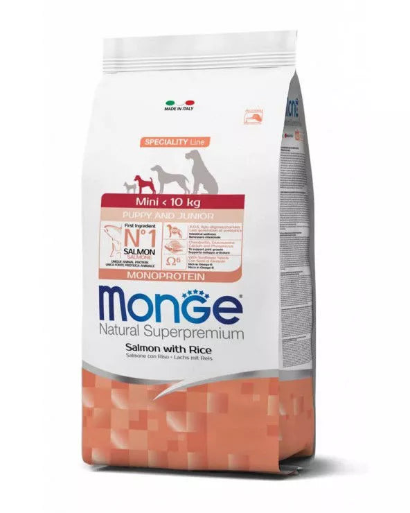 Monge spec.line monoprotein mini Puppy sausas pašaras mažų veislių jauniems šuniukams su lašiša ir ryžiais 7,5kg