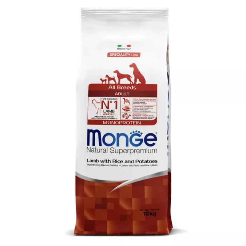 Monge adult sausas pašaras (ėriena, ryžiai, bulvės) 12kg