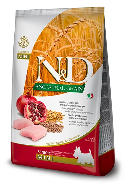 FARMINA N&D ANCESTRAL GRAIN - DOG Dry Chicken Spelt Oats&Pomegranate SENIOR MINI 2,5KG