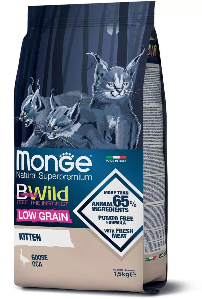 Monge BWild Kitten visavertis pašaras jauniems kačiukams su žąsiena 1,5kg