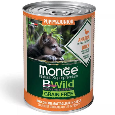 Monge BWild puppy konservuotas pašaras su antiena, moliūgais ir cukinijomis 400g