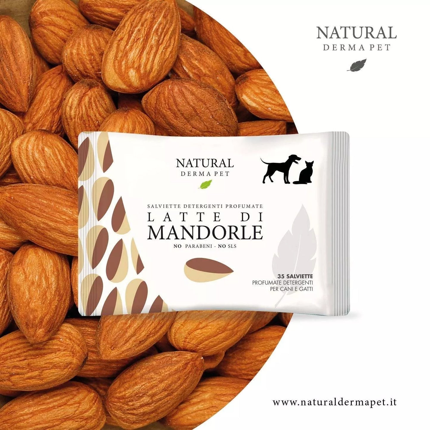 Natural Derma Pet drėgnos valymo servetėlės – migdolų pieno kvapo, švelniai valančios, 35 vnt. pakuotė