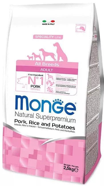 Monge spec. line adult sausas pašaras suaugusiems šunims su kiauliena, ryžiais ir bulvėmis 2,5kg