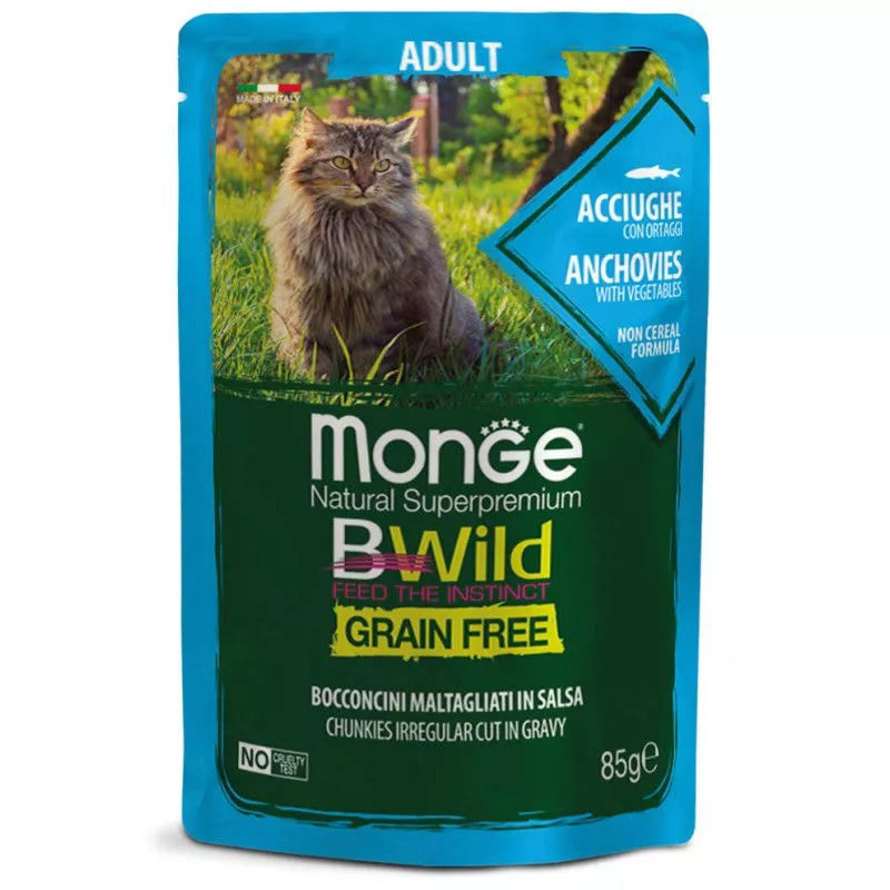 Monge BWild kons. pašaras katėms su ančiuviais ir daržovėmis padaže 85g