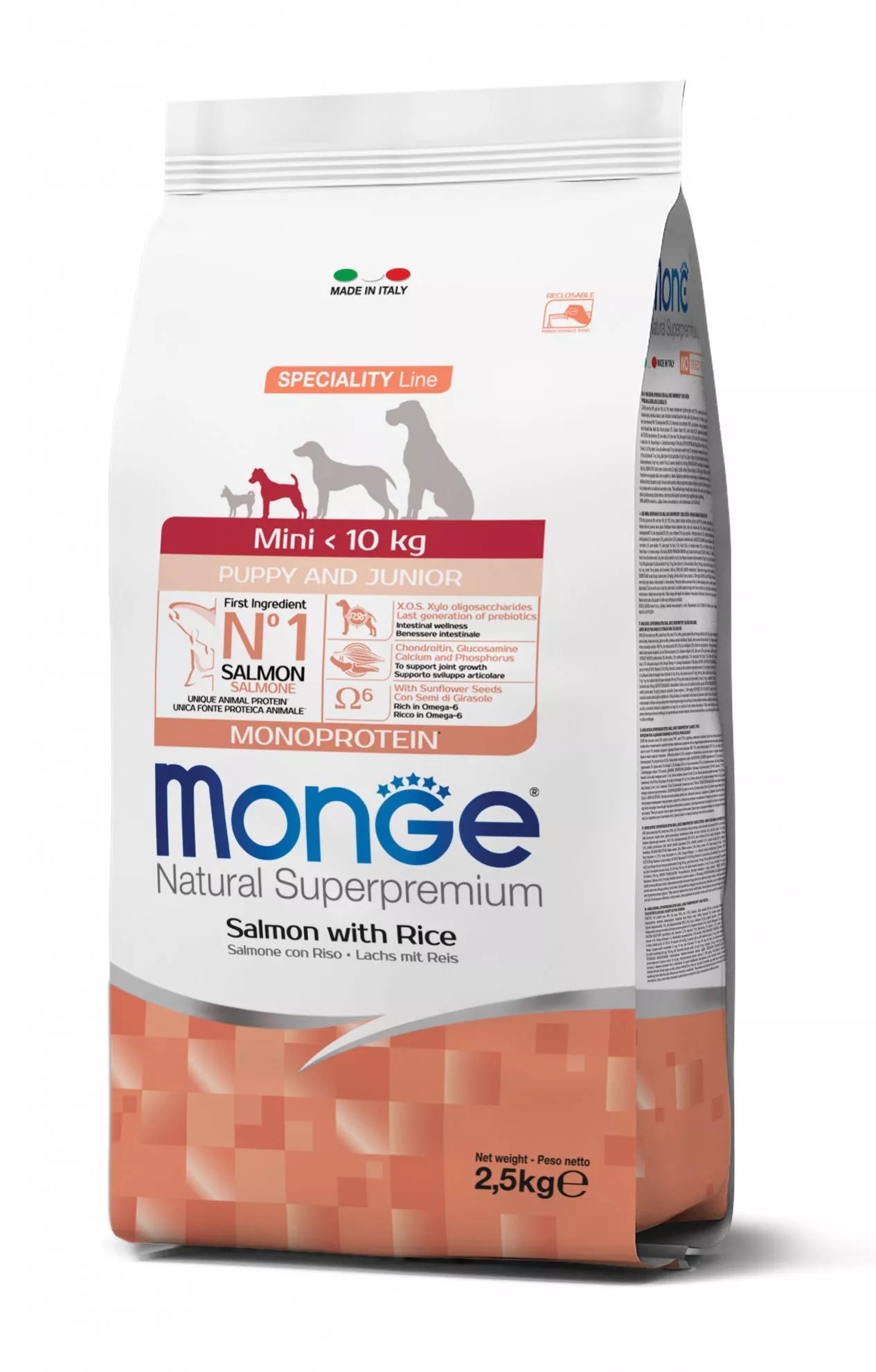 Monge spec.line monoprotein mini Puppy sausas pašaras mažų veislių jauniems šuniukams su lašiša ir ryžiais 2,5kg