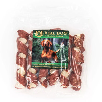 Real Dog SNACKS Žaliaminės odos ritinys su antiena 500g