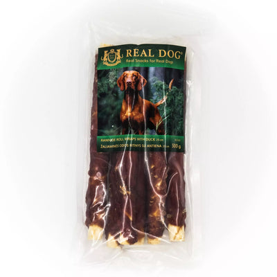 Real Dog SNACKS Žaliaminės odos ritinys su antiena 25cm 500g