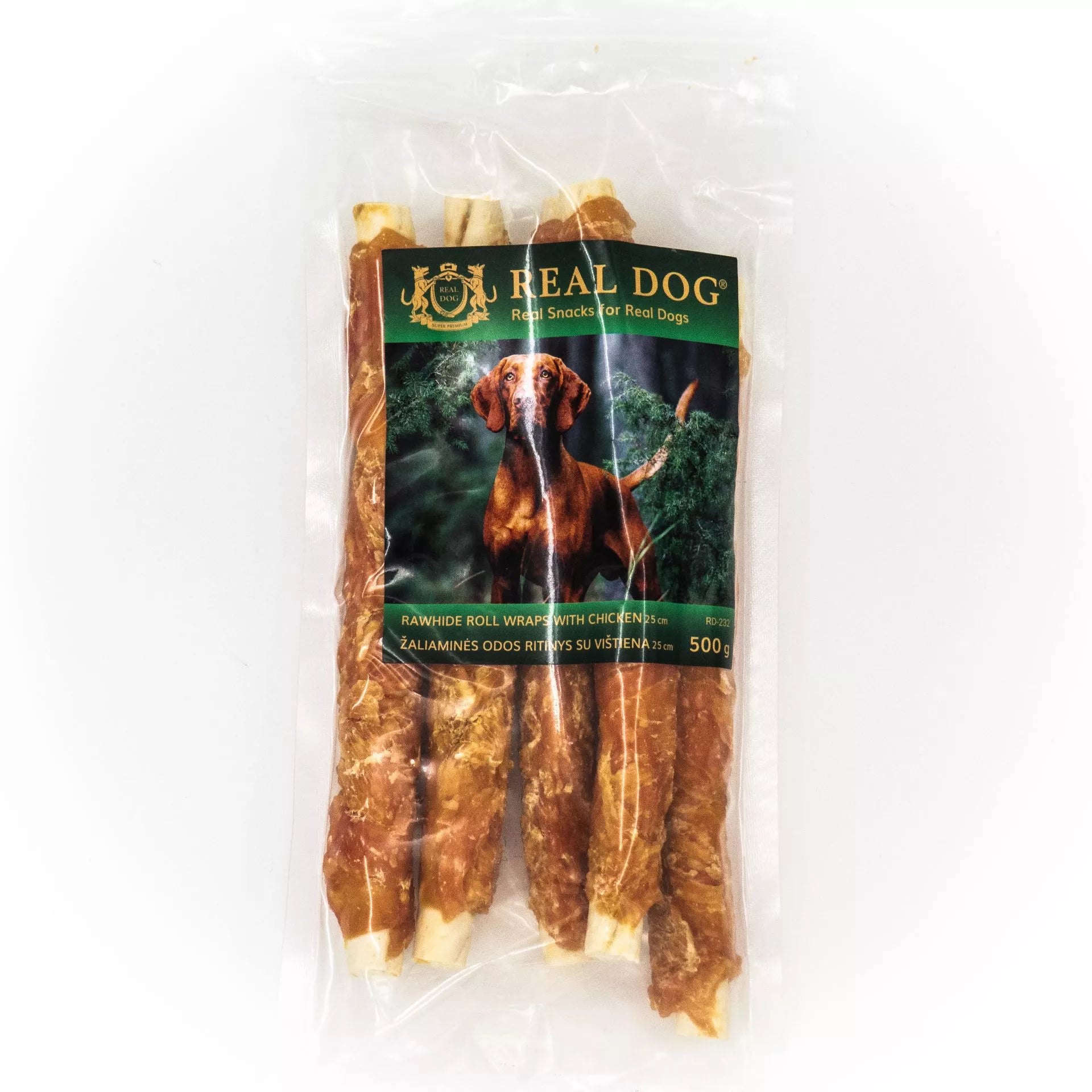 Real Dog SNACKS Žaliaminės odos ritinys su vištiena 25cm 500g