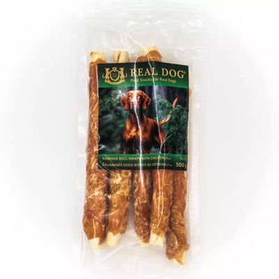 Real Dog SNACKS Žaliaminės odos ritinys su vištiena 25cm 500g