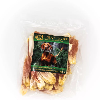 Real Dog SNACKS Triušio ausys su minkšta vištiena 500g