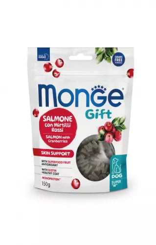 Monge GIFT Dog Super "M" Skin support Lašiša/spanguolės 150 g