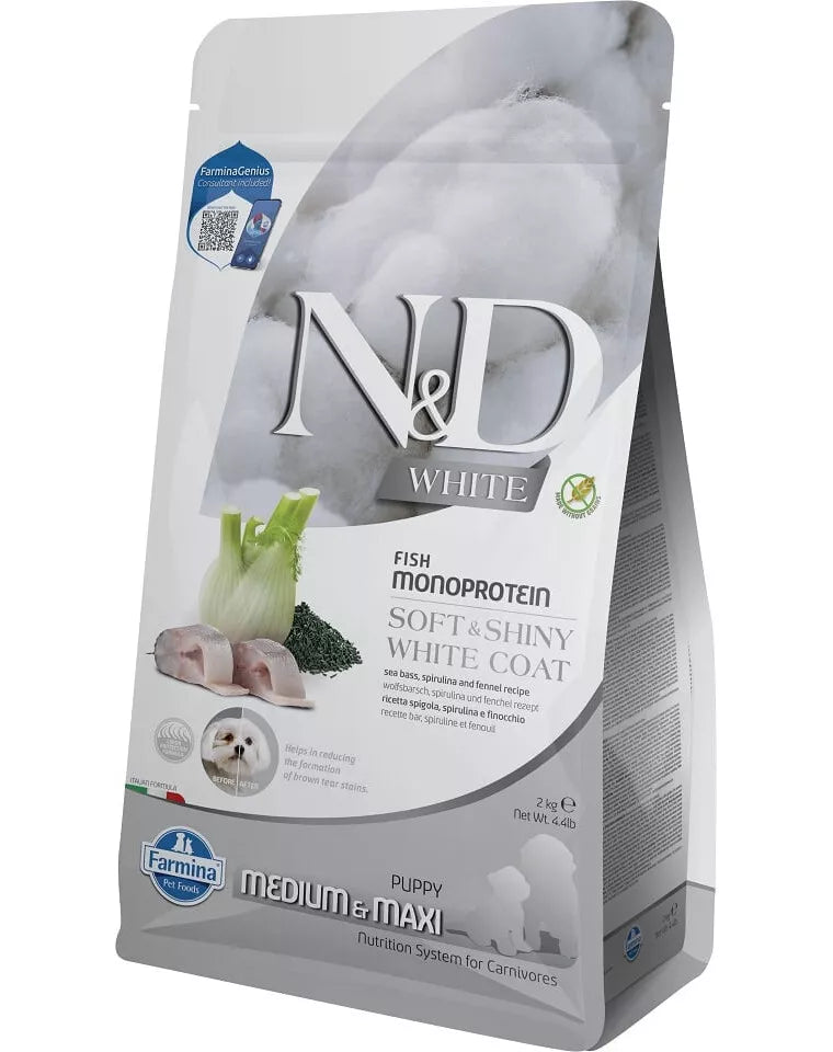FARMINA N&D WHITE - DOG Dry Sea Bass Spirulina&Fennel PUPPY MED&MAX 2 kg