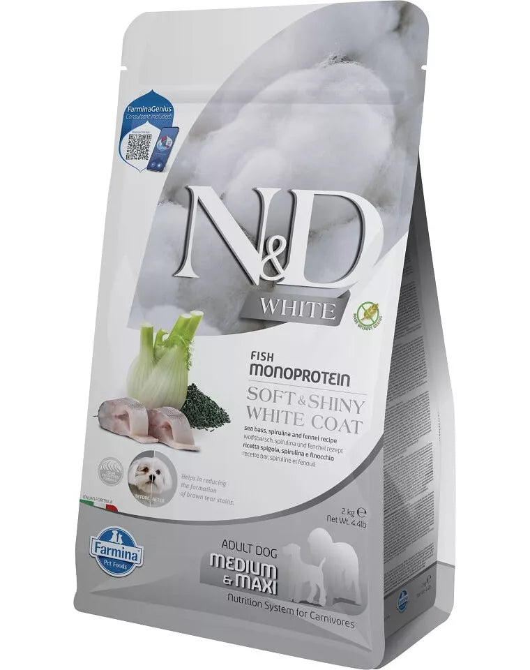 FARMINA N&D WHITE - DOG Dry Sea Bass Spirulina&Fennel ADULT MED&MAX 2 kg