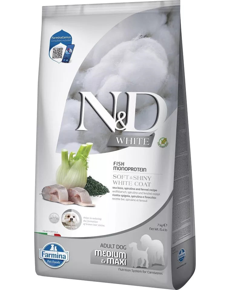 FARMINA N&D WHITE - DOG Dry Sea Bass Spirulina&Fennel ADULT MED&MAX 7 kg