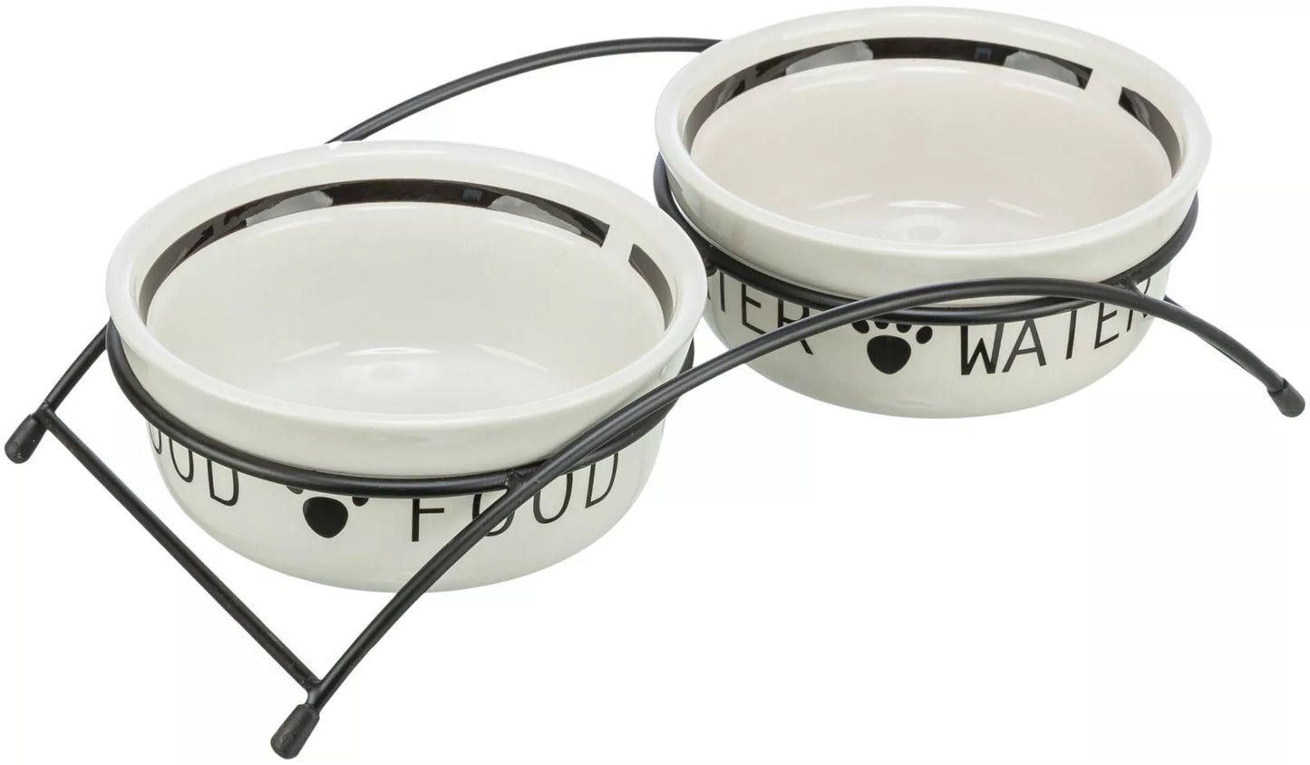TRIXIE Dubenėlių kompl., keramika-metal., 2x2.6 l/25 cm/54x12x24 cm, baltas-juodas