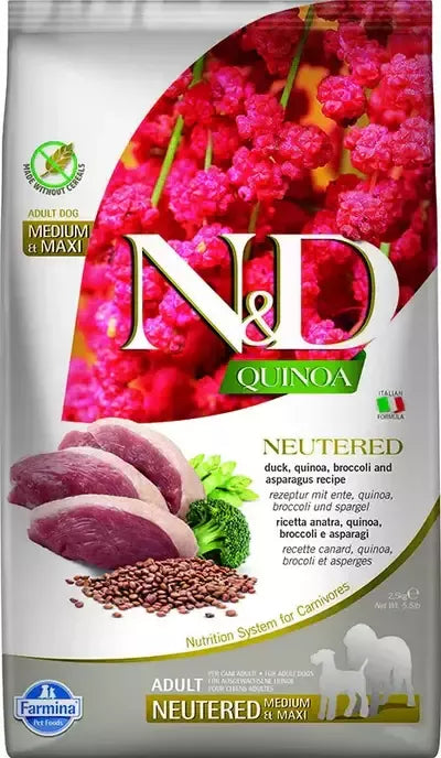 FARMINA N&D QUINOA - DOG Dry NEUTERED Duck Broccoli&Asparagus ADULT MED&MAX 2,5 kg