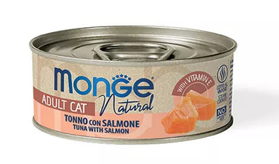 Monge kons. pašaras katėms su tuno gabalėliais, vištiena ir lašiša savo sultyse 80g