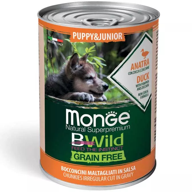 Monge BWild puppy konservuotas pašaras su antiena, moliūgais ir cukinijomis 400g