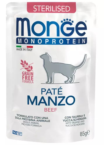 Monge Monoprotein Sterilised begrūdis konservuotas pašaras stertilizuotoms katėms su jautiena 85g