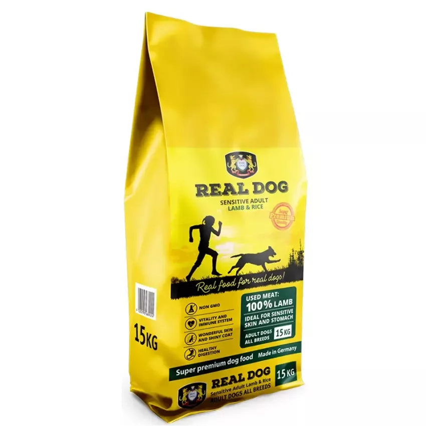 Real Dog Sensitive 15kg pašaras suaugusiems šunims su ėriena ir ryžiais