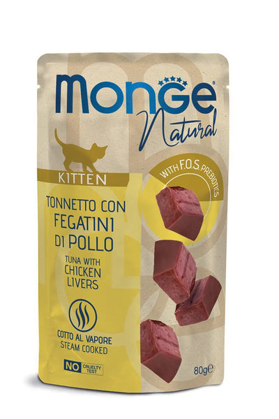 Monge Natural konservuotas pašaras kačiukams su skaniais tuno kąsneliais ir vištienos kepenėlėmis, virtais garuose 80g